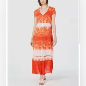 Raga Tie Dye Maxi Dress Orange Button Front V Neck Size S NWT